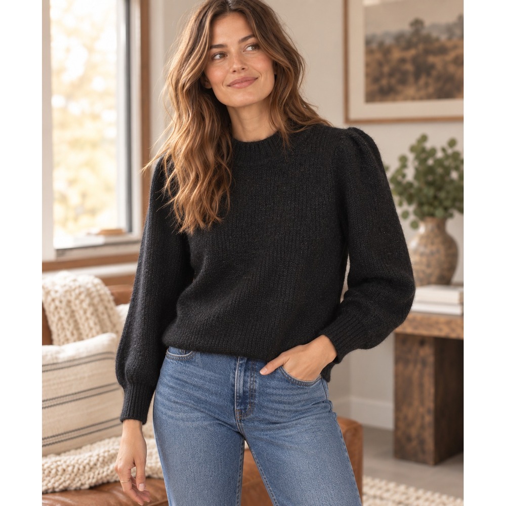Madewell Eaton Puff Sleeve Pullover Sweater Cozy Fuzzy Stretch Black Medium Chic
